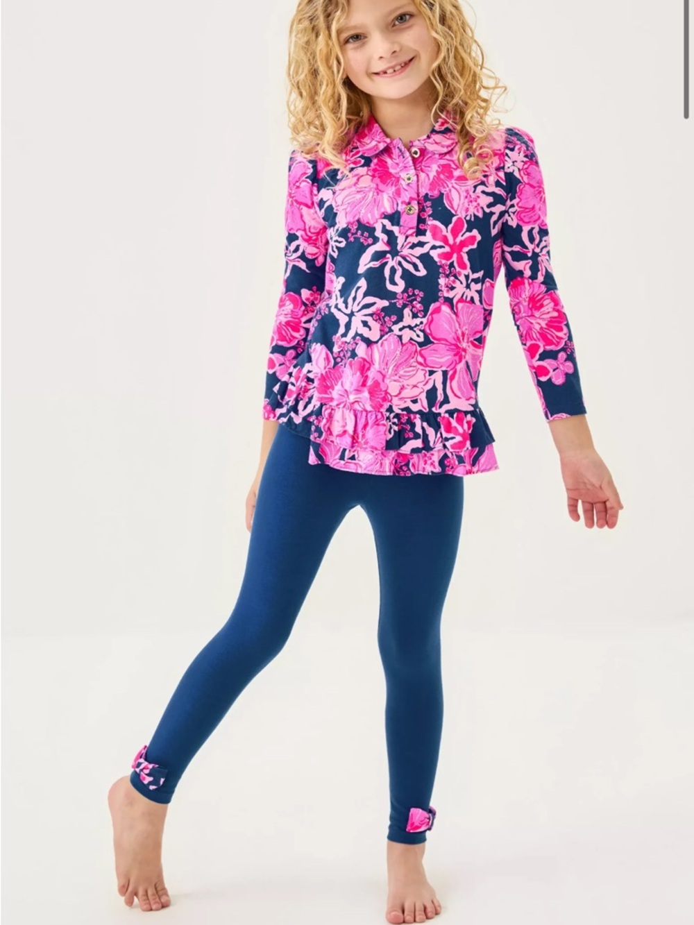 Lilly Pulitzer Navy & Hot Pink Floral Ruffle Top with Navy Leggings